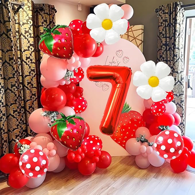 Strawberry Balloons Seventh Birthday Decorations for Girl, 40 Inch Mylar Red Number 7 Balloons, Strawberry Balloon for Strawberry Birthday Decorations, Strawberry Themed Party