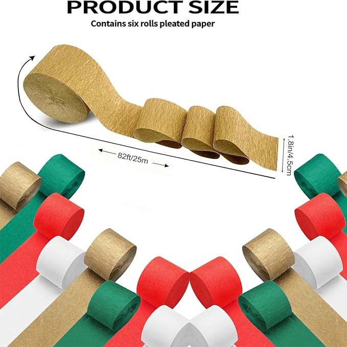 Crepe Paper Streamers 8 Rolls 656 ft,Green, Red, Gold, White Party-Decorations Christmas Streamers,for Christmas Decorations,New Years Streamers Party Decorations DIY (1.8 Inch x 82 Ft/Roll)