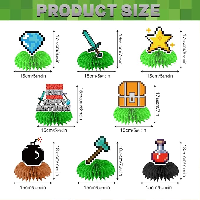 Pixel Birthday Party Decorations, Double Sided Honeycomb Centerpieces for Table Decorations, Cartoon Birthday Party Supplies