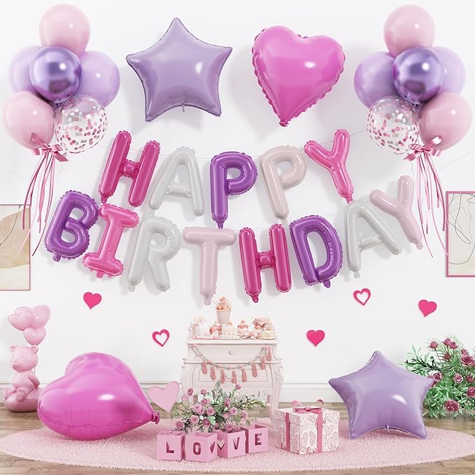 29PC Pink Purple Happy Birthday Balloon Banner, 16 Inch Foil Letters Letter Banner Sign, Pink Purple Balloons Metallic 18 Inch Star Heart Foil Balloon for Women, Men Party Supply