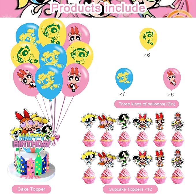 Power Girls Party Decorations,Power Girls Birthday Party Supplies Includes Banner - Cake Topper - 12 Cupcake Toppers - 18 Balloons