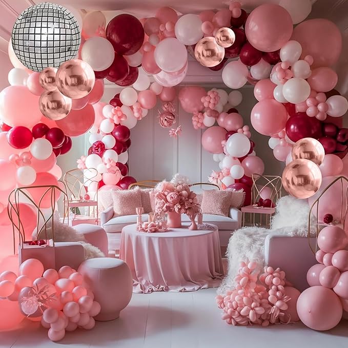 Pink Balloon Garland Arch Kit, Hot Pink Rose Gold White Balloons with Disco Ball Balloons for Girls Birthday Princess Party Background Wedding Baby Shower Decorations