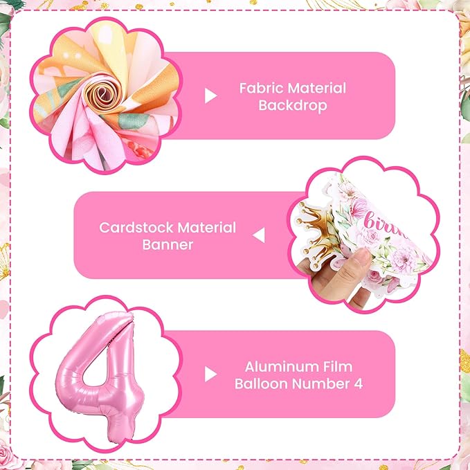 Four Ever a Princess Birthday Decorations Pink Sweet 4th Birthday Party Supplies Include 4 Ever a Princess Backdrop Banner Hanging Swirls Balloons Cake Topper for 4 Years Old Girl Bday Party Decor