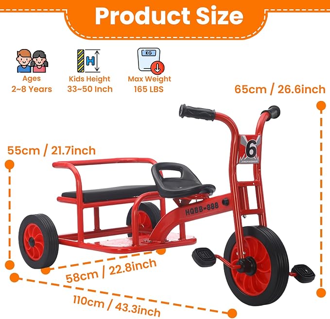 Kids Tricycle for Ages 2-8, Kids Trike Bike, Preschool Daycare Tandem Tricycle with Adjustable Seat, Airless Rubber Tires and Rear Padded Seat, Gift for Boys and Girls