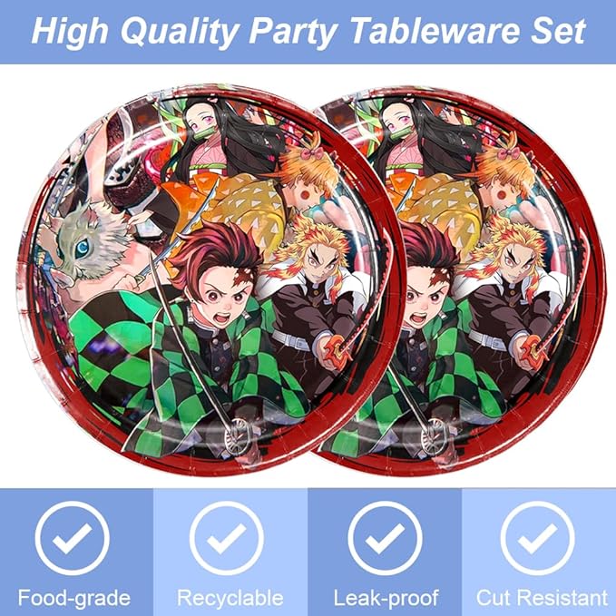 41Pcs Demon Slayers Party Supplies include 20 plates, 20 napkins for De Slayers 1 Tablecloth Birthday party Decoration