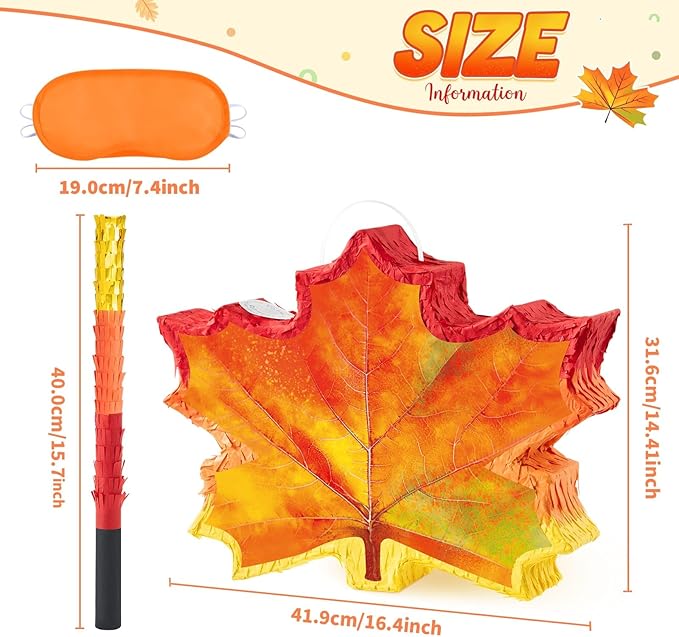 WERNNSAI Fall Leaf Piñata - Maple Leaf Piñata Thanksgiving Party Games for Kids Orange Autumn Hanging Leaves Decor Fall Festival Thanksgiving Family Party Favors with Blindfold