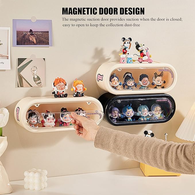 2 Pack Clear Display Case for Figures, Wall Mounted or Desktop Display Box Stand with Magnetic Door, Dustproof Storage Box Organizer for Action Figures Pop Mart