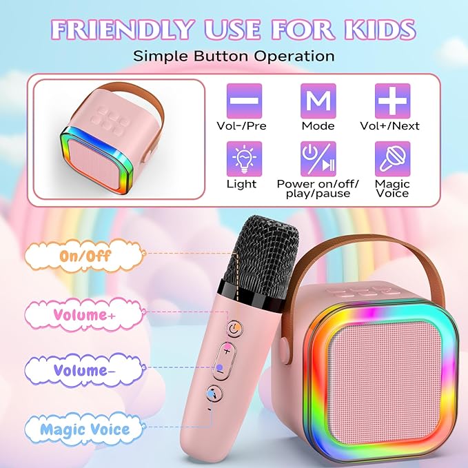 Karaoke Machine with 2 Mic, Wireless Microphones for Kids Adults Toddler with LED Party Lights, Mini Kids Microphone Christmas Birthday Gift for Girls Toys 4, 5, 6, 7, 8, 10 12+ Years Old 【Pink】