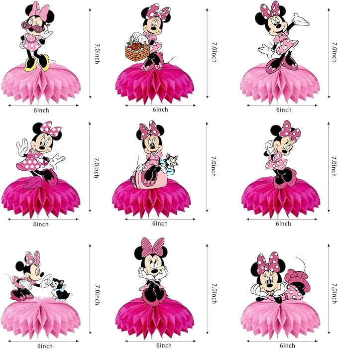 For Minnie Birthday Party Supplies, 9Pcs Honeycomb Centerpieces for Mouse Party Decorations, Double Sided Table Decorations Centerpieces Party