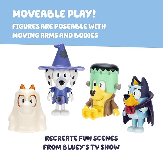 Bluey Halloween Figures Pack of 4, Robust Articulated Character Toys with Bingo, Chloe, and Lucky Figurines, Small Action Figures for Kids Ages 3+