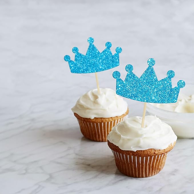 Ephlyn 24Pcs Crown Cupcake Toppers Glitter Queen Crown Cupcake Picks for Queen Princess Theme Baby Shower Girls Wedding Birthday Party Cake Decorations Supplies Blue
