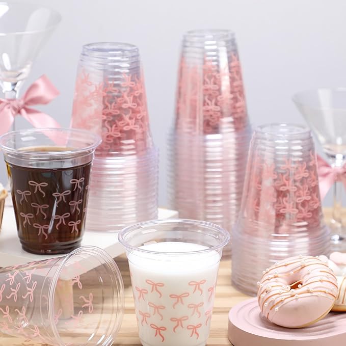 50 Pcs Pink Bow Snack Cups 12 oz Bow Plastic Cups Lovely Bowknot Tumbler for Birthday Wedding Party Supplies