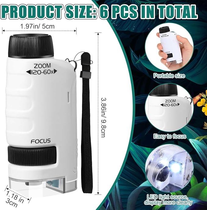 6 Pack Pocket Microscope, 60x-120x LED Lighted Portable Mini Handheld Microscope for Education, Learning, Exploring, and Outdoor Playing, White