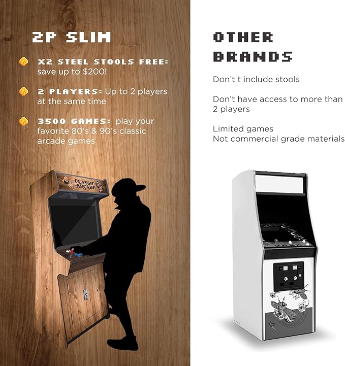 Creative Arcades Full Size Stand-Up Commercial Grade Arcade Machines | 2 Player | 3500 Games | 32" LCD Screen | 2 Sanwa Joysticks | Trackball | Woodgrain | 2 Stools Included | 3 Year Warranty