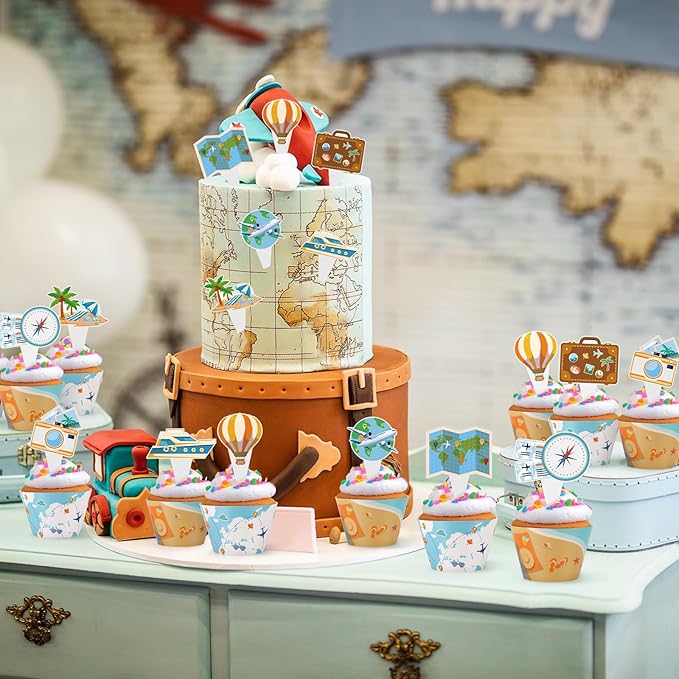 48 Pack Travel Cupcake Toppers and Wrappers, World Travel Party Cake Decoration for Adventure Travel Theme Birthday Party Baby Shower Supplies