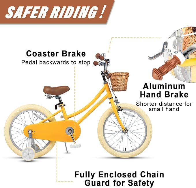 Petimini Vintage Kids Bike for Girls, 12–20 Inch Classic Bicycle with Wicker Basket & Bell, High Tensile Steel Frame, Training Wheels (12–18”), 85% Pre-Assembled, Retro Bike for Outdoor Riding