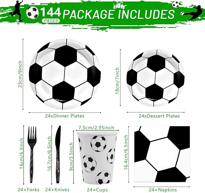 144Pcs Soccer Party Supplies Soccer Birthday Party Tableware Set Serve 24 Guests include Paper Plates Napkins Cups Knives Forks For Birthday Baby Shower Sports Theme Party Decorations