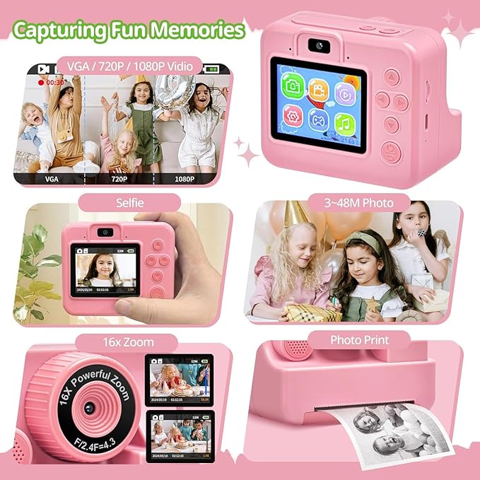 Kids Camera Instant Print, Christmas Birthday Gifts for Kids Age 3-12, Selfie Digital Camera with 1080P Videos,Toddler Portable Travel Camera Toy for 4 5 6 7 8 9 Year Old Boys (Pink)