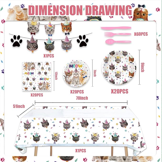 122Pcs Cat Themed Party Supplies for Birthday Party Pet Party Cat Bairthday Decorations Inculde Plates Desserts Plates Napkins Knives Forks Spoons Tablecover Banner Serve 20