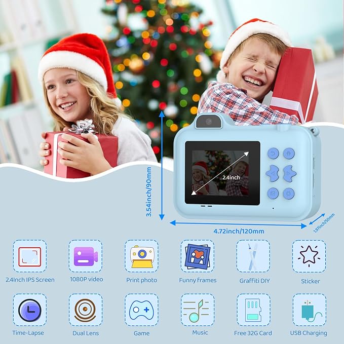 Kids Camera Instant Print, 1080P HD Dual-Lens Selfie,Toddler Digital Camera with 5 Rolls Paper & 32GB Card, Children Christmas Birthday Gifts Toys for Age 3 4 5 6 7 8 9 10 11 12 Years Old Girls Boys
