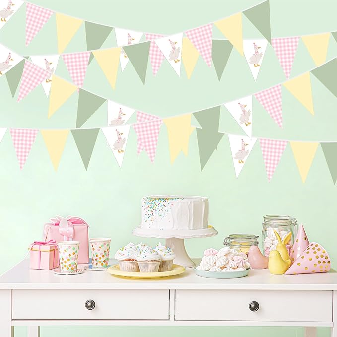 Pasimy 5 Pcs Silly Goose Birthday Party Decorations Pink Green Yellow Gingham Print Pennant Banners Funny Geese Triangle Bunting Banners for Farm Animal Baby Shower First Birthday Party Decoration