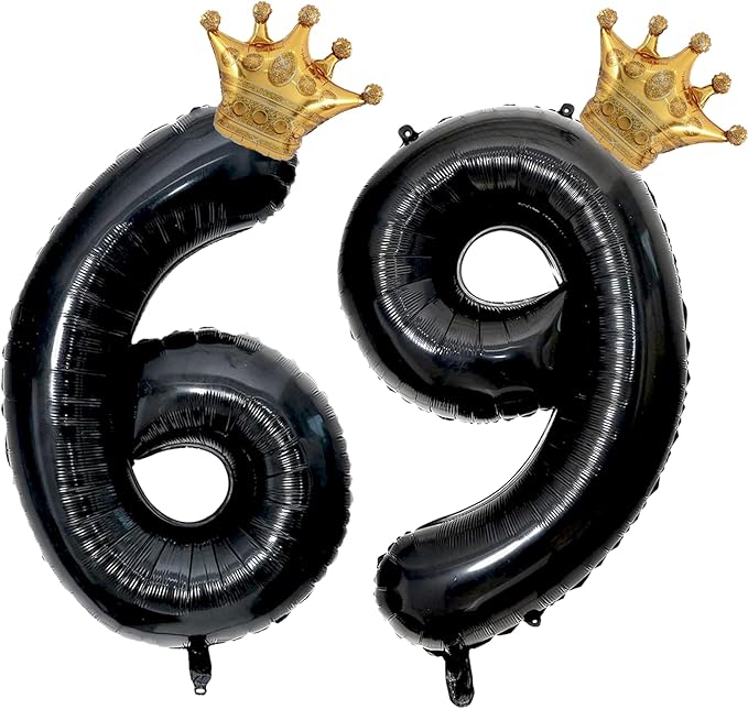 40 inch Large Black 69 Balloon Number with Gold Crown Balloons 69th Birthday Big Foil Mylar Helium Balloon for Women Man 69th Birthday Anniversary Decorations Supplies Favors(Number 69 Balloons）