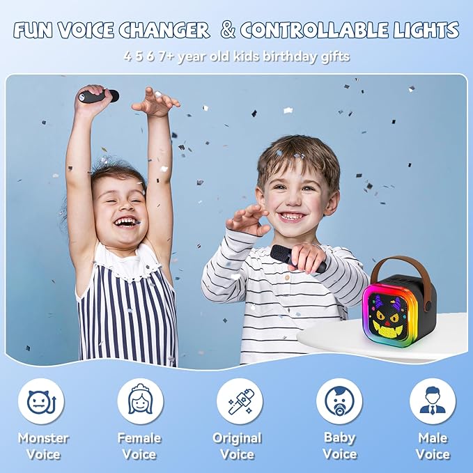 Mini Karaoke Machine with 2 Wireless Microphone for Kids Girls & Boys - Portable Bluetooth Speaker Kids Gifts for Girls Ages 4-12 Year Old Black Monster Style