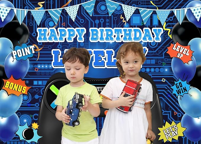 Game Theme Level 7 Birthday Backdrop Video Game Happy 7th Birthday Party Decorations Level Up Theme Boys Kids Birthday Party Supplies(7×5FT)
