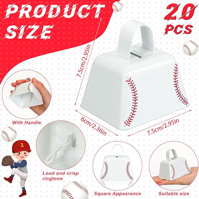 Landhoow 20 Pcs Baseball Cow Bells Noise Maker Metal Cowbell with Handle Novelty Hand Percussion Cowbells for Sporting Events Baseball Games Party Favors Baseball Supplies, 2.95 x 2.36 x 2.95 Inch