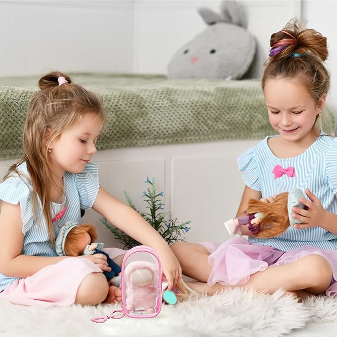 Clear Protective Case Display Accessories for 4.13 Inch 10cm 4.0 Series Plush Doll with Keychain, PVC Hanging Storage Case Cover Doll Storage Bag Figures Dolls Collectible Toys(Pink)