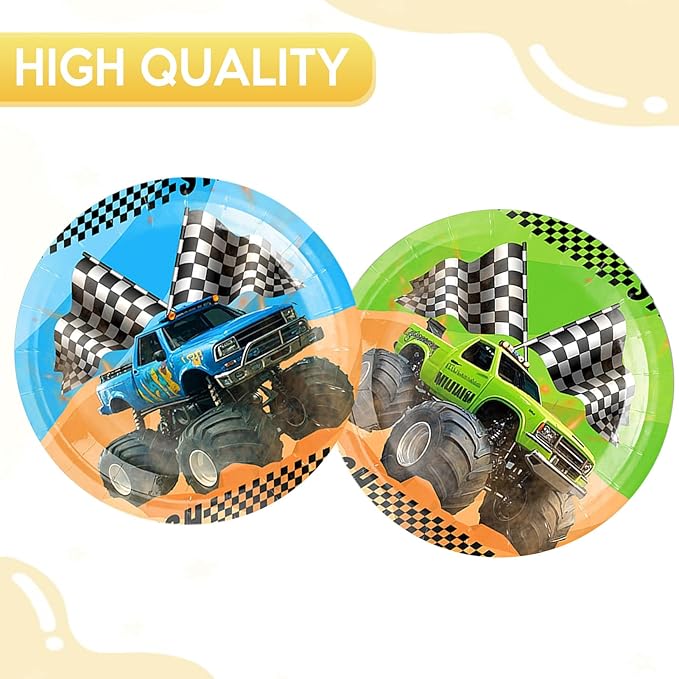 20Pcs 9Inch Monster Truck Plates Monster Truck Party Decorations Machines Jam Theme Tableware Paper Plate Set Disposable Dessert Plates,for Boys Truck Themed Birthday Party Decorations Supplies