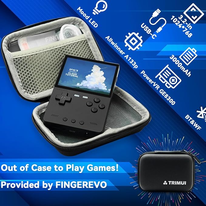 Trimui Brick Handheld Game Console 3.2-inch 1024 * 768 IPS Screen 3000mAh Trimui-brick Opensource System with Portable Case and Screen Protector Black
