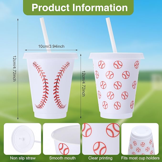 Sieral 30 Pcs Baseball Cups with Straws and Lids, 16 oz Reusable Plastic Tumblers Iced Coffee Travel Mug Sports Baseballs Water Bottle for Baseball Theme Party Favors Birthday Decorations
