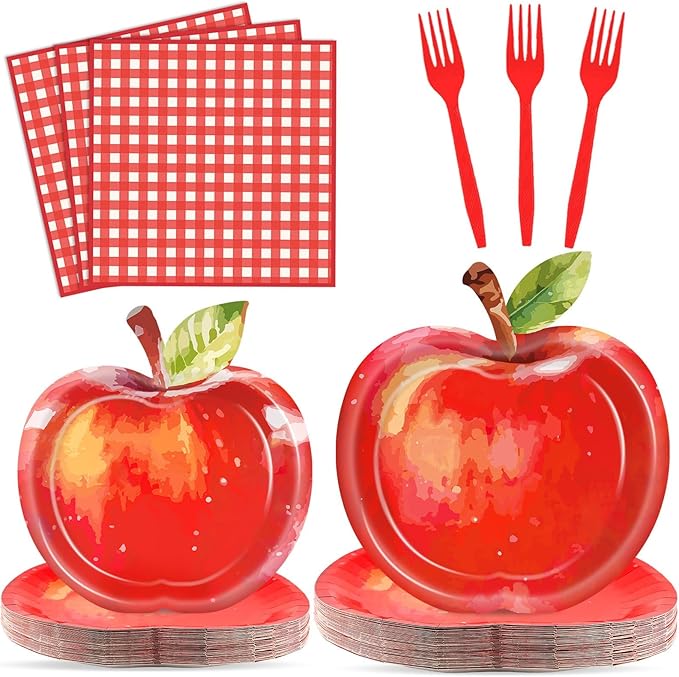 96Pcs Watercolor Apple Paper Plates Apple Birthday Party Supplies Red Gingham Napkins and Forks Fruit Themed Disposable Dinnerware for Back to School Classroom Kindergarten Home Party Serves 24