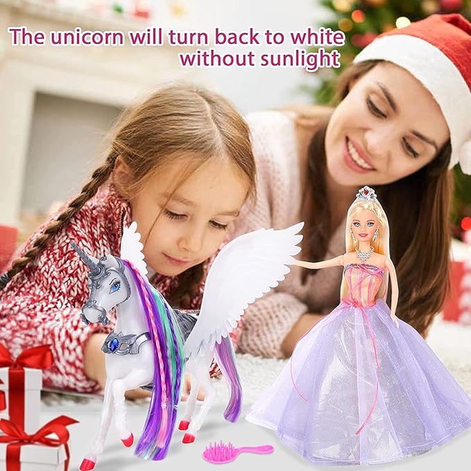 BETTINA Princess Doll with Color Changing Unicorn Toys, Unicorn Changes Color Under Sunshine, 11.5 Inch Doll with Princess Dress&Acessories, Xmas Birthday Toys Gifts for Girls 3-12