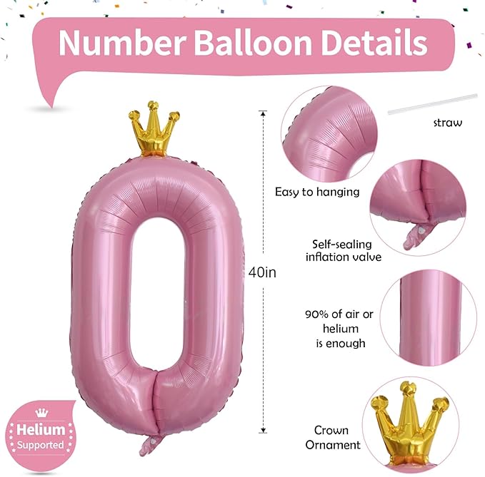 Light Pink Number 0 Balloons for Girls, 40 Inch Foil Large Pastel Pink, Crown 0-9 Set Number Balloon for Women Birthday Party Baby Shower Anniversary Graduation New Year Party Decoration Supplies