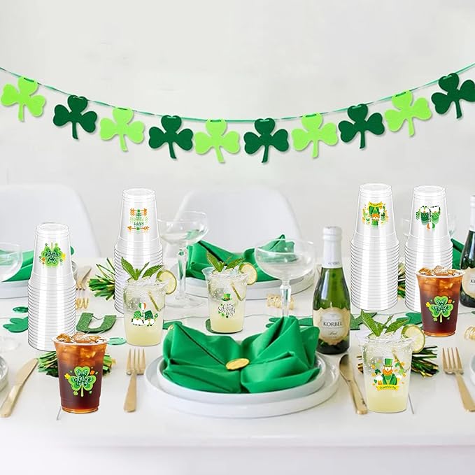 100 Pcs St. Patrick's Day Party Cups,12 oz St. Patrick Disposable Clear Plastic Cups Irish Green St Patrick's Day Party Lucky Clover Cups for St. Patrick Irish Birthday Party Irish Party Supplies