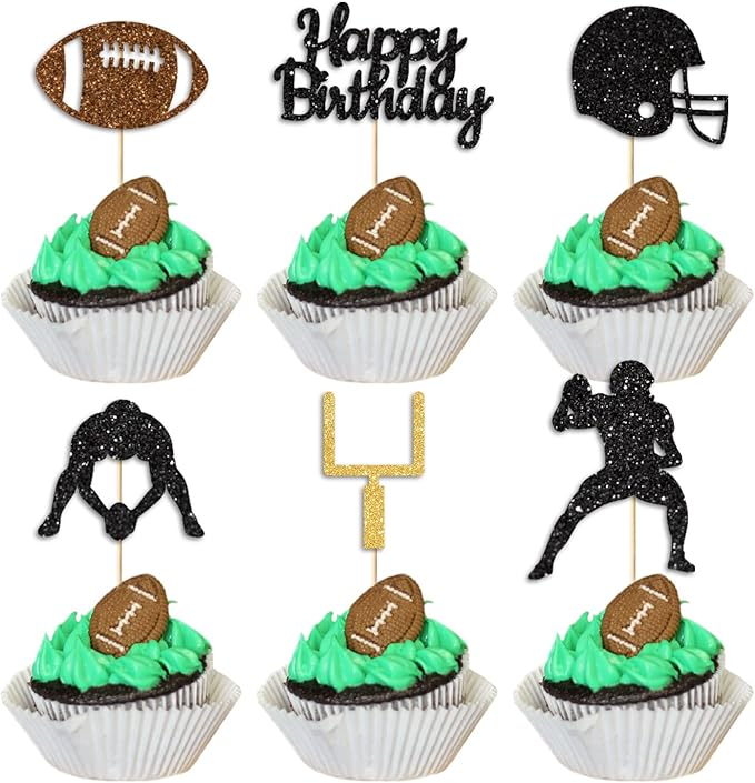 36PC Football Cupcake Toppers for Birthday,Glitter Football Cake Toppers for Boys Birthday Party Decorations Supplies