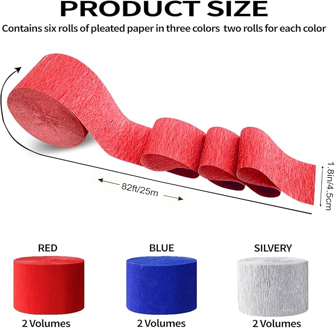Crepe Paper Streamers 6 Rolls 492 ft,Blue Red Silver Streamer American Party Decorations,for Birthday Decorations,Rainbow DIY, Boy's Birthday Decoration American Theme Party