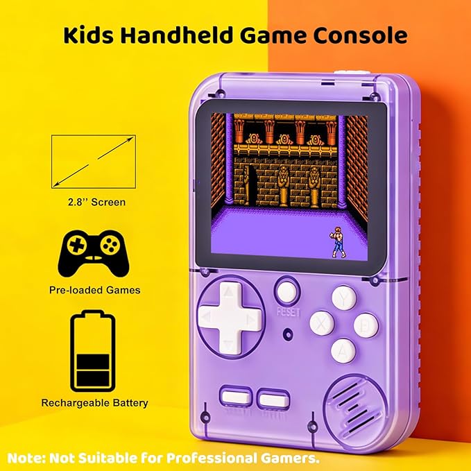 Kids Handheld Game Console Pre-Loaded 400 Classic Games, Portable Video Game Console with 2.8" Color Screen, Rechargeable Battery, Handheld Electric Game Console for Boys Girls (Purple)