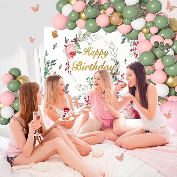 Yancan Sage Green Birthday Decorations Women Birthday Party Supplies Including Floral Backdrop, Sage Green Pink Balloons Garland Arch Kit, Tablecloth, Cupcake Toppers for Girls