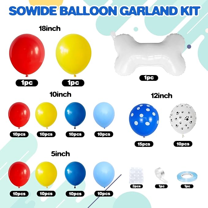 Dog Balloon Arch Kit, Red Blue Yellow Paw Print Balloons Garland Kit with Animal Bone Paw Foil Balloons for Cartoon Dog Themed Birthday Paw Birthday Party Decorations