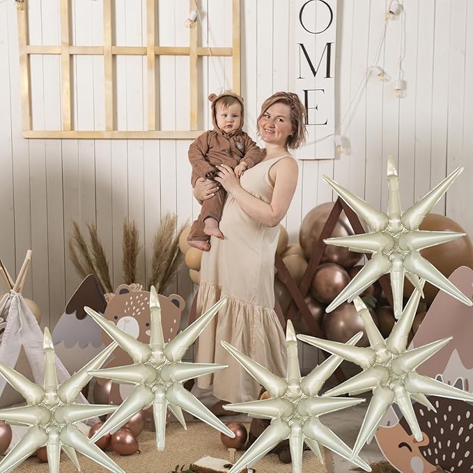 6 Pcs Cream Color Star Foil Balloons One-Piece 14-Pointed Star Balloon 4D Starburst Cone Mylar Balloon 22inch Christmas Birthday Wedding Wedding Anniversary Party Supplies(Cream Color)