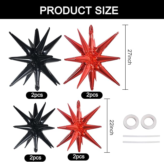 TONIFUL 8 Pcs Black Red Star Foil Balloons Large Explosion Star Mylar Decorations for Party Backdrop Christmas New Year Birthday Wedding Baby Shower Anniversary Photo Booth Supplies
