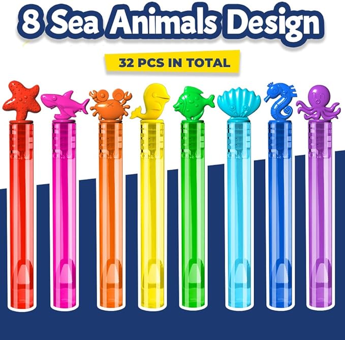 32Pcs Sea Mini Bubble Wands Assortment 8 Styles 8 Colors Bubble Party Favors for Kids, Bubbles for Kids, Themed Birthday Party Favors, Classroom Prizes Summer Outdoor Gifts for Girls Boys