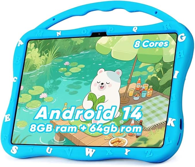 Kids Tablet, 10.1 inch Tablet for Kids 3-10, Educational Learning Toddler Tablet Android 14, 8（4+4） GB RAM+64GB ROM Storage, 5G WiFi, Baby Girl boy Present (Blue)