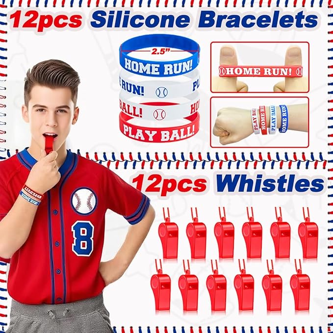 134 PCS Baseball Party Favors, 12 Set Goodie Bag, Mini Stress Balls, Baseball Stickers, Rubber Bracelets, Keychain, Tattoo Stickers, Slap Bracelets, Whistle for Baseball Themed Party Supplies