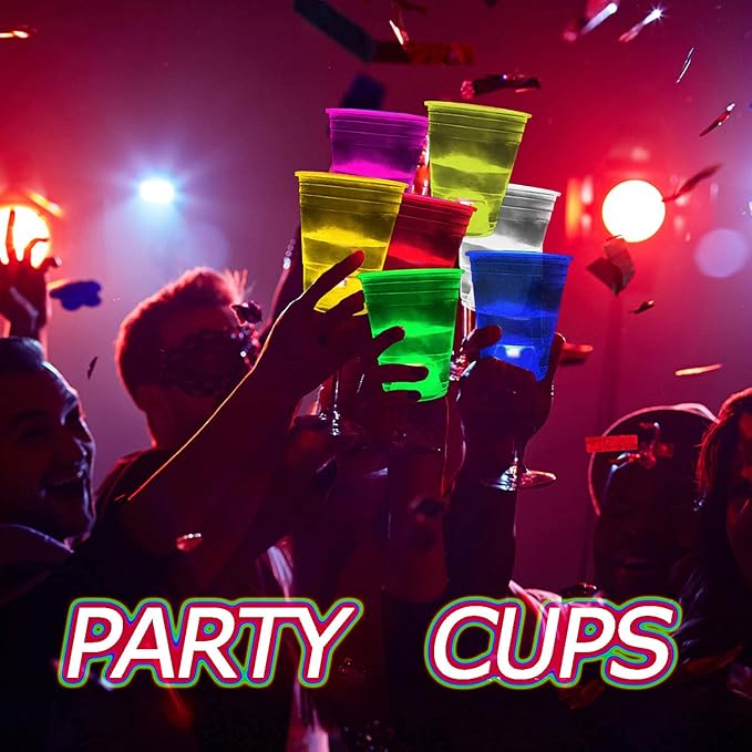 mishunyus 24-Pack 16oz Glow in The Dark Party Cups - Reusable Plastic Cups for Neon Party Decorations, Birthday Celebrations (16th-80th), Weddings, BBQ, Beach & Holiday Events - 7 Vibrant Colors