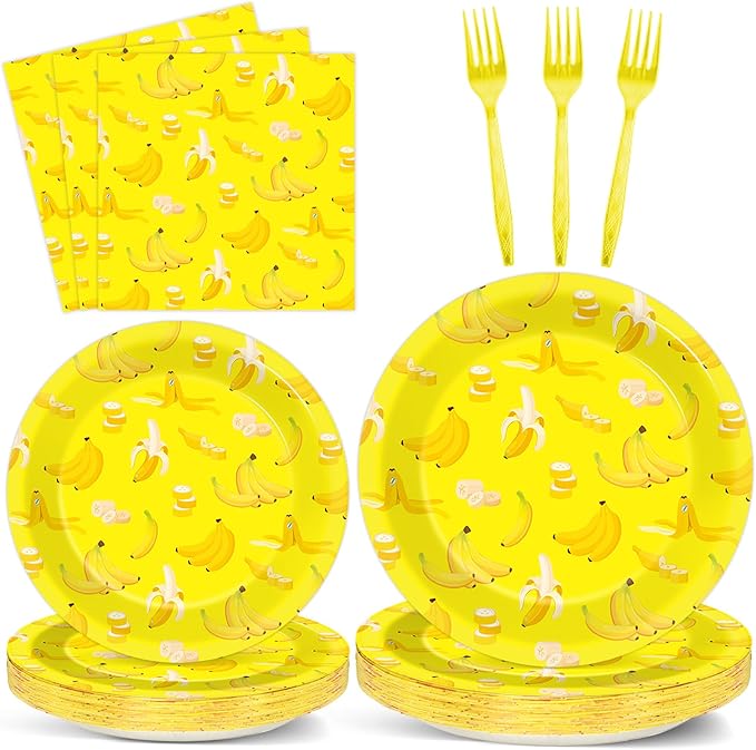 96PCS Banana Party Paper Plates and Napkins Banana Themed Party Decorations Yellow Fruit Napkins and Forks for yellow fruit Birthday Gatherings Decorations