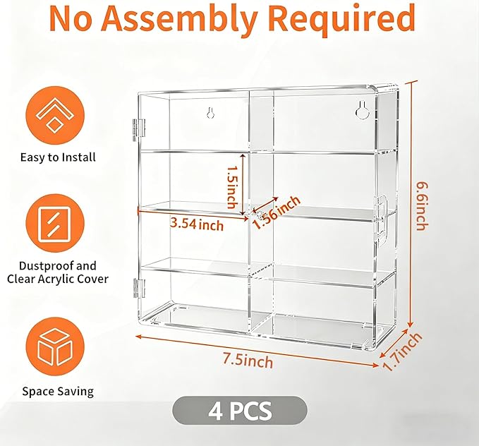 4-Pack Clear Display Case for 1/64 Scale Die-Cast Cars, Compatible with Hot Wheels & Matchbox, Wall-Mountable & Stackable Toy Car Storage Boxes, Holds 32 Cars, Dustproof, 6.5 × 7.5 × 1.6 in